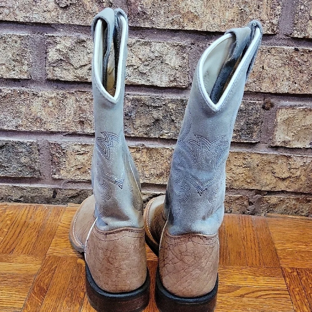 Old West Youth 3.5D Cowboy Boots Tan Blue Leather Western Kids Boots